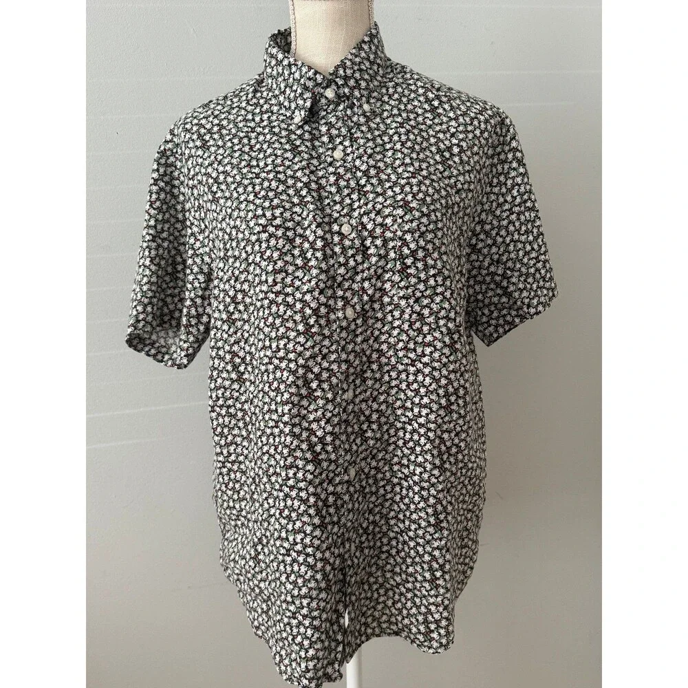 J.Crew Short Sleeve Linen Shirt in Heart Frog Black Ivory Men's Size Medium